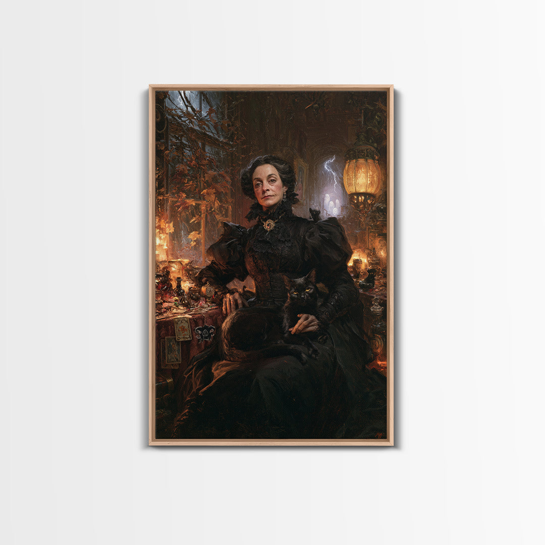The Widow Of Nine Cats, Victorian Witch Portrait, Vertical Canvas Print, Gothic Home Decor, Halloween Portrait Art, Classic Monster Art