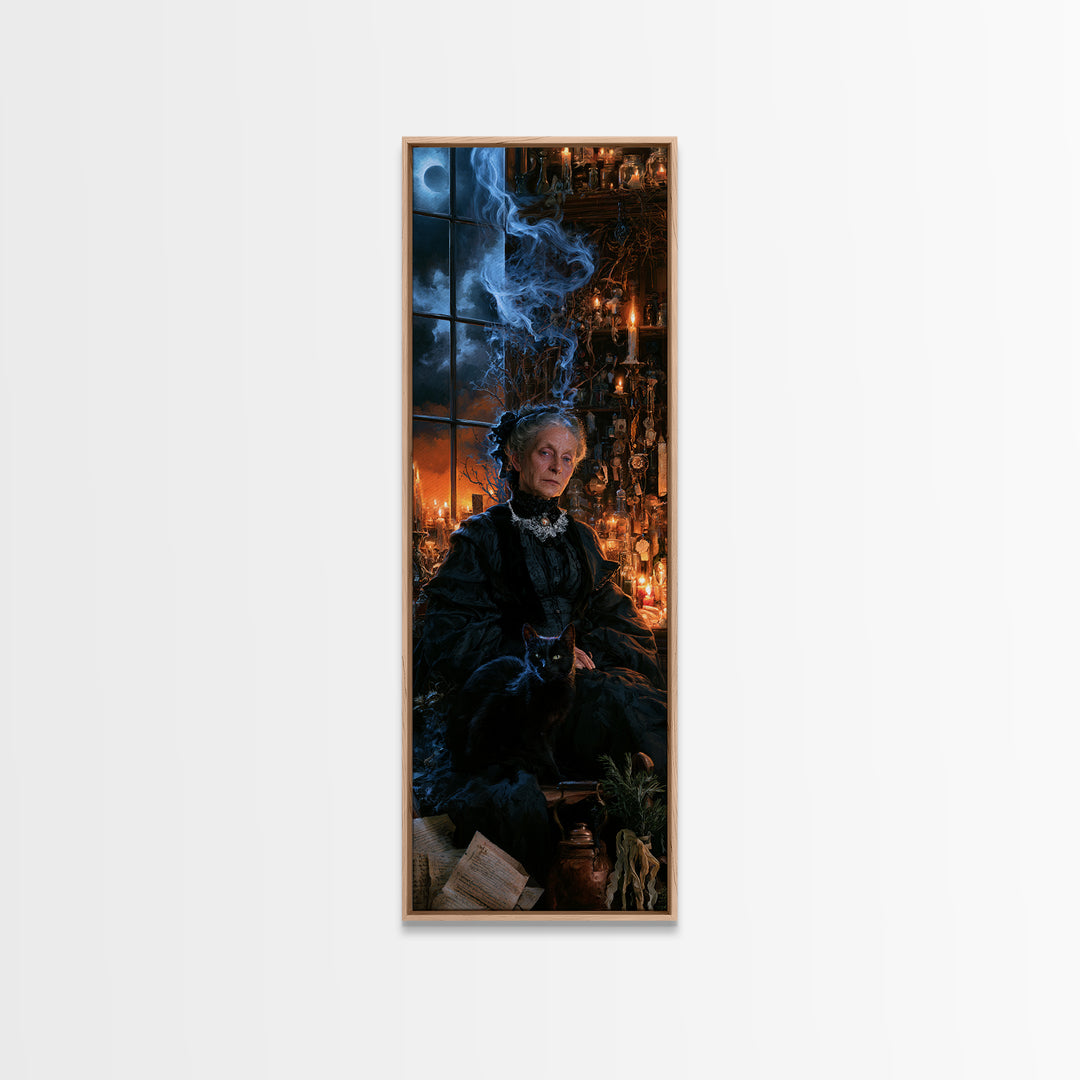 The Widow Of Nine Cats, Victorian Witch Portrait, Tall Narrow Canvas Print, Gothic Home Decor, Halloween Portrait Art, Classic Monster Art