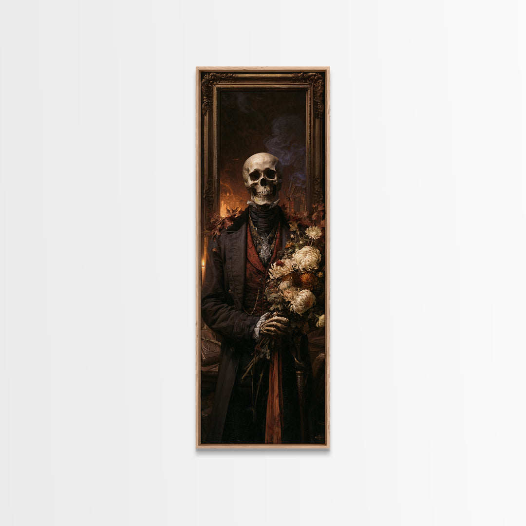 The Graveyard Dandy, Victorian Skeleton Portrait, Tall Narrow Canvas Print, Gothic Home Decor, Halloween Portrait Art, Classic Monster Art
