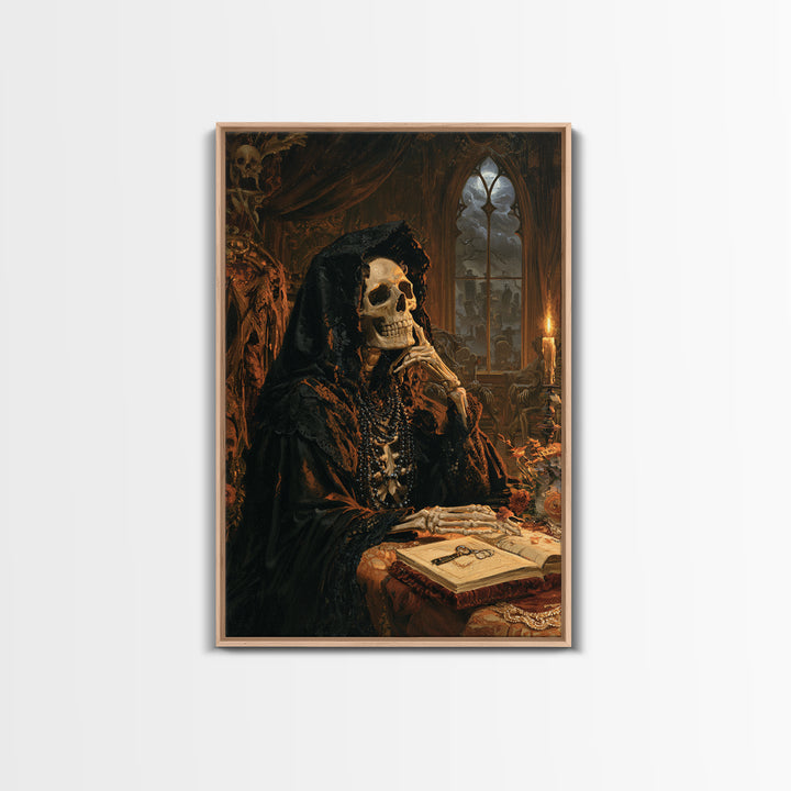 The Widow In Ivory Bone, Victorian Skeleton Portrait, Vertical Canvas Print, Macabre Home Decor, Halloween Portrait Art, Classic Monster Art