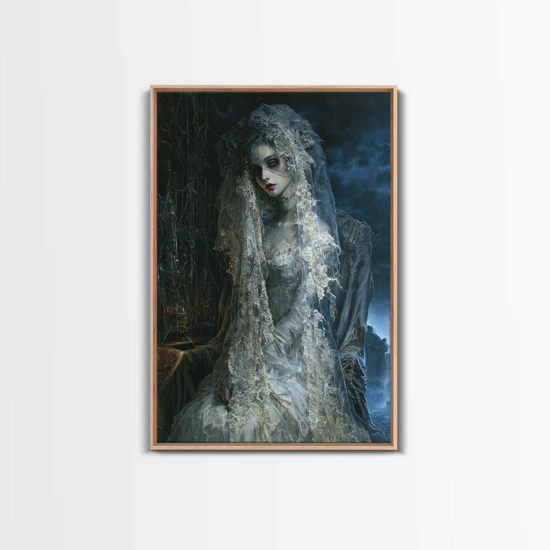 The Storm-Stitched Bride, Victorian Monster Portrait, Vertical Canvas Print, Classic Halloween Decor, Classic Monster Art