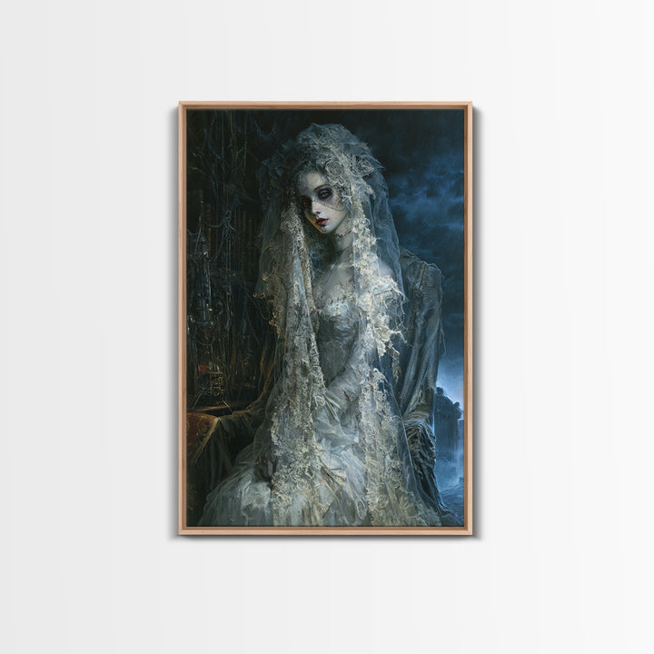 The Storm-Stitched Bride, Victorian Monster Portrait, Vertical Canvas Print, Classic Halloween Decor, Classic Monster Art