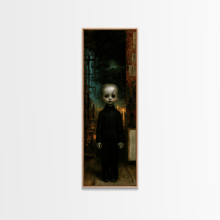 The Orphaned Creation, Victorian Monster Portrait, Tall Narrow Canvas Print, Macabre Home Decor, Halloween Portrait Art, Classic Monster Art