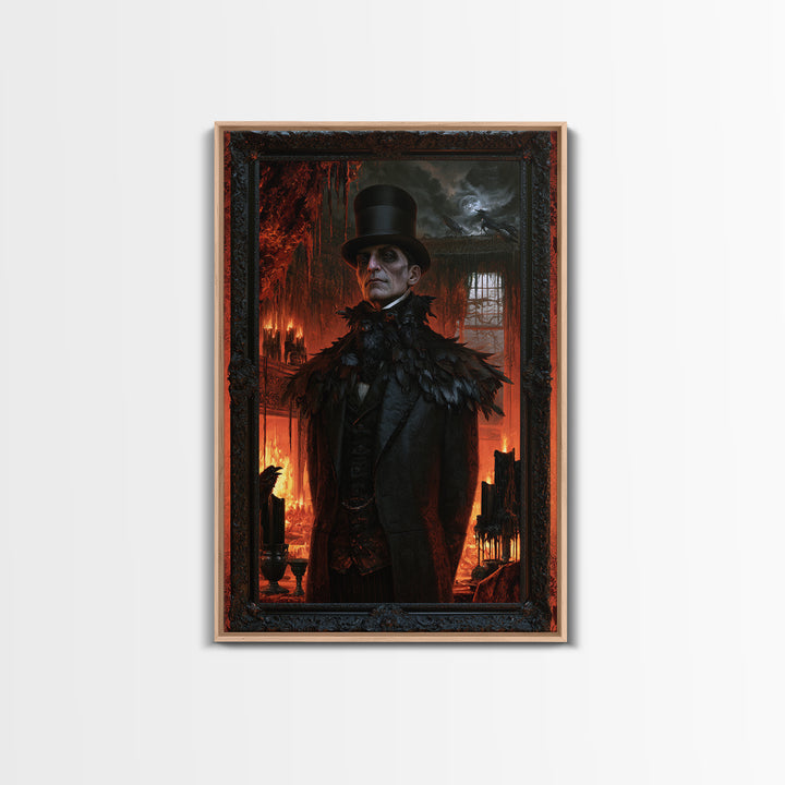 The Raven-Shouldered Undertaker, Macabre Victorian Portrait, Vertical Canvas Print, Classic Halloween Decor, Classic Monster Art