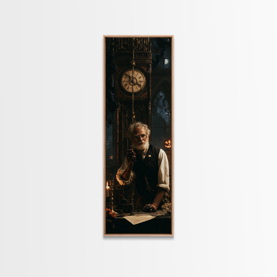 The Clockmaker Of Midnight, Midnight Clockmaker Portrait, Tall Narrow Canvas Print, Antique Style Decor, Gothic Wall Decor