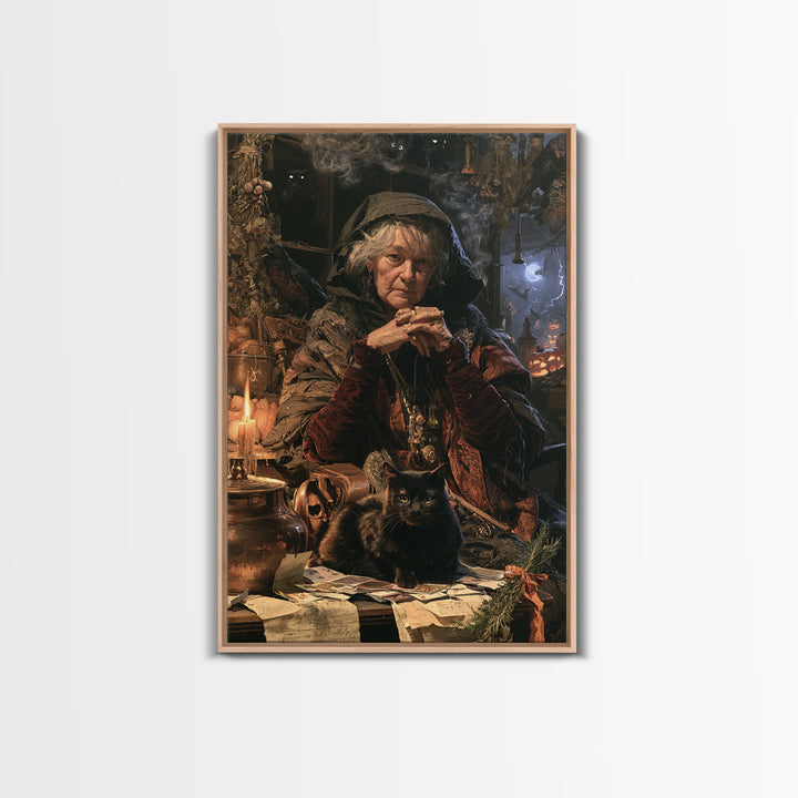 The Black-Cat Fortune Teller, Victorian Fortune Teller Portrait, Vertical Canvas Print, Gothic Home Decor, Classic Monster Art