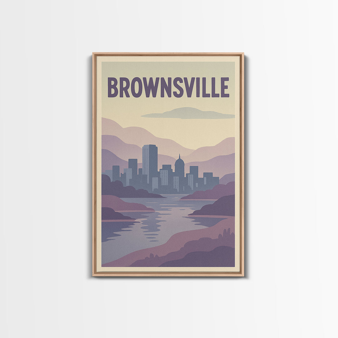 Brownsville Travel Poster, Framed Canvas Print, Pastel Retro Travel Art, Brownsville Poster Print, Eclectic Wall Decor, Travel Art Print