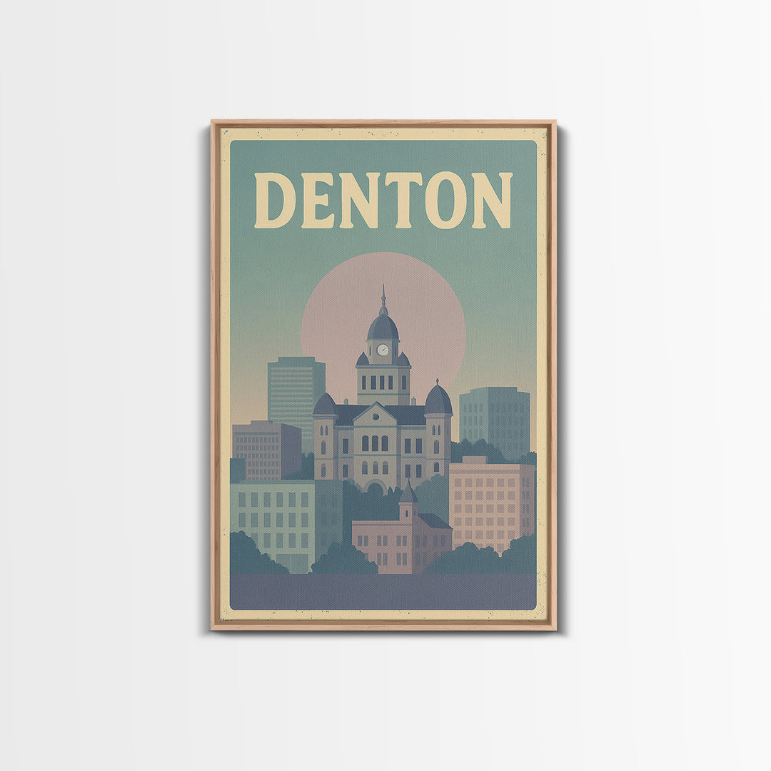 Denton Travel Poster, Framed Canvas Print, Vaporwave Skyline Wall Art, Denton Poster Print, Living Room Wall Art, Modern Wall Decor