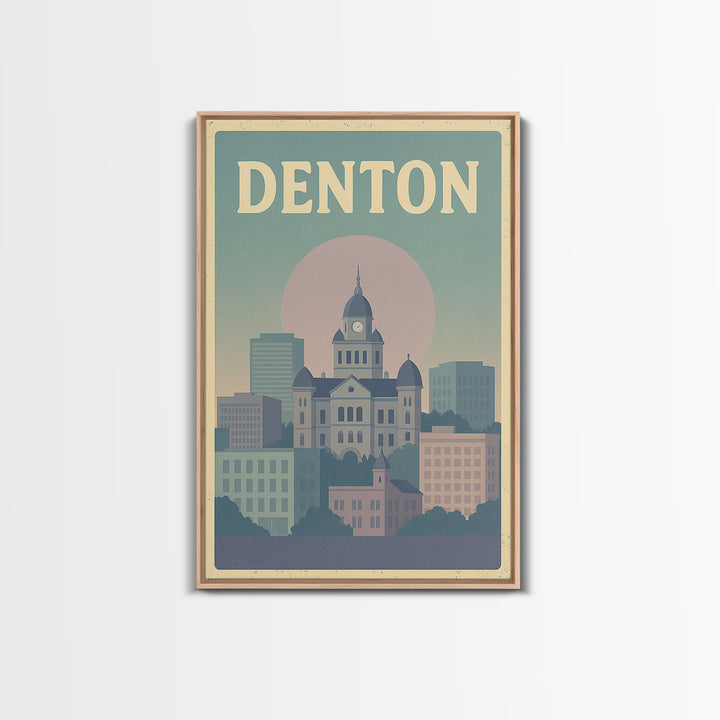 Denton Travel Poster, Framed Canvas Print, Vaporwave Skyline Wall Art, Denton Poster Print, Living Room Wall Art, Modern Wall Decor