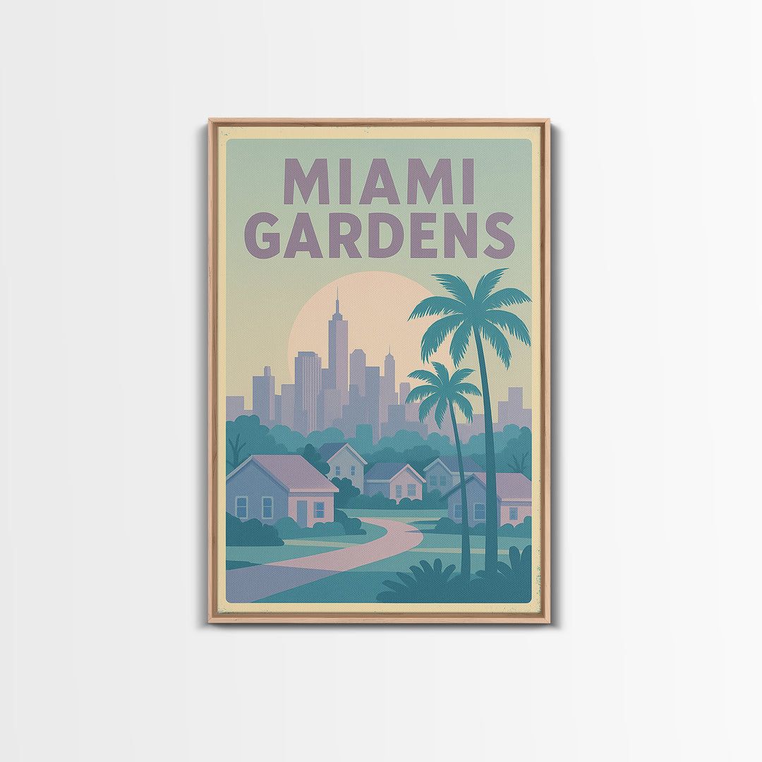 Miami Gardens Florida Travel Poster, Canvas Print, Soft Vintage City Poster, Miami Gardens City Art, Mid Century Wall Art, Travel Art