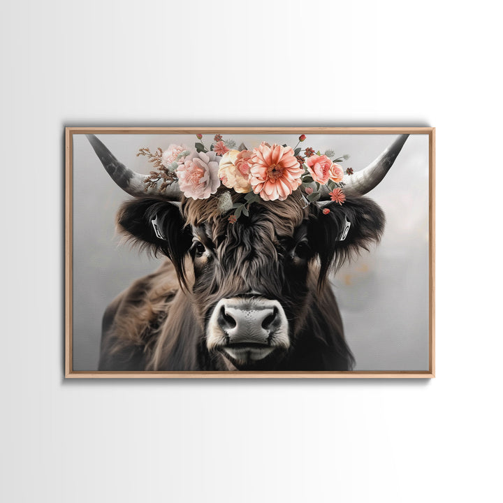 Framed Canvas Wall Art, Cute Cow Wearing Flowers, Farmhouse Decor, Farmhouse Wall At, Extra Large Boho Decor, Modern Art, Minimalist Rustic