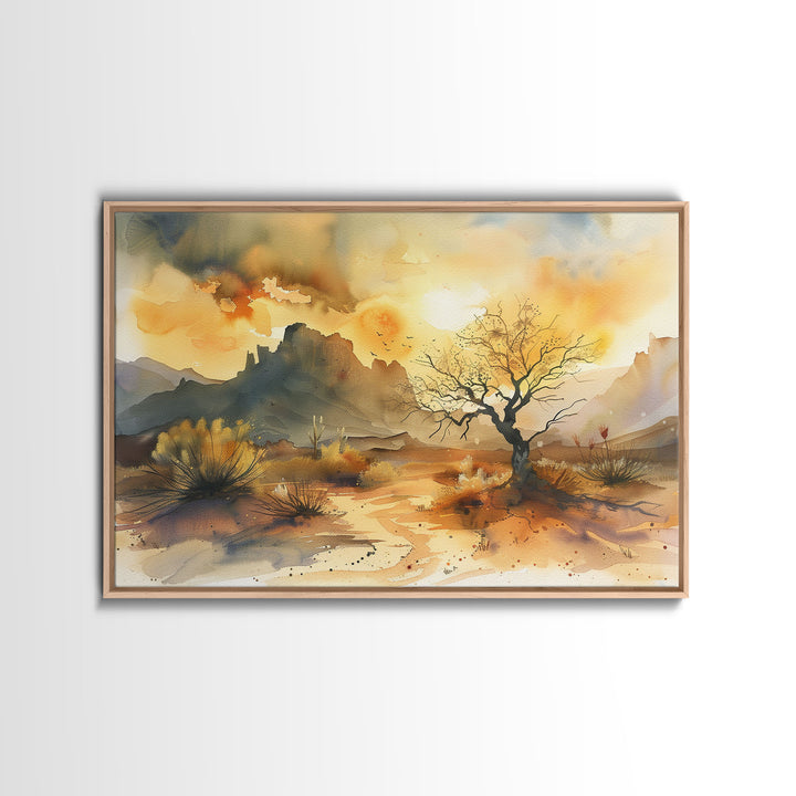 Large Wall Art Desert Print, Wood Framed Canvas Print, Original Artwork, Watercolor Landscape Painting, Minimalist Wall Art