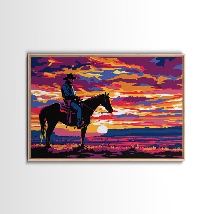 Cowboy At Sunset Watercolor Painting Framed Canvas Print, Western Decor, Gift For Him, Guy Gift, Rodeo Art, Southwestern Wall Decor