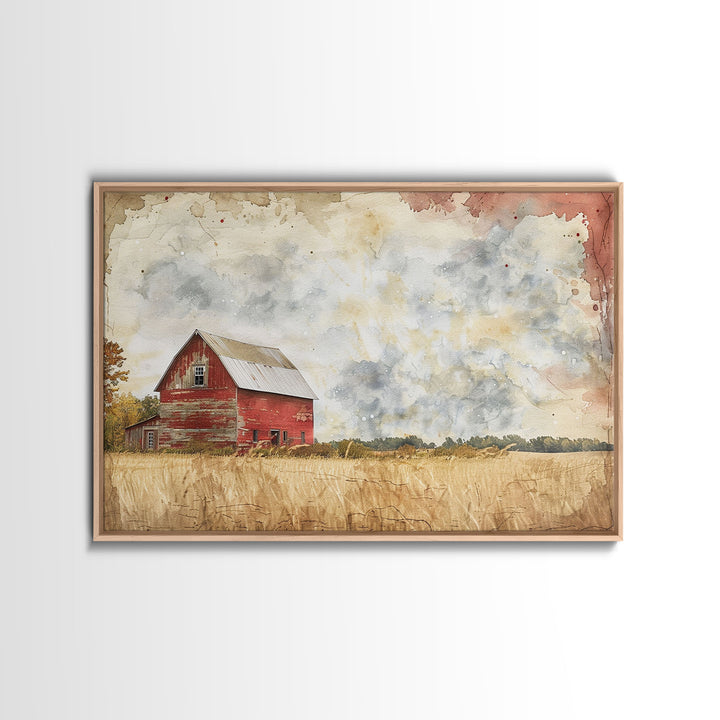 Red Barn Watercolor Painting Framed Canvas Print, Watercolor Painting From Photo Landscape, Wall Decor, Home Decor