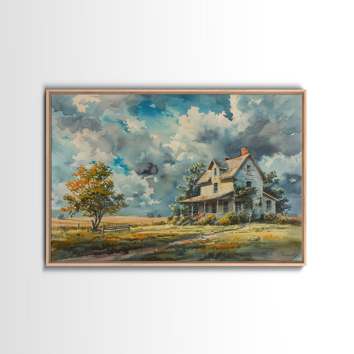Beautiful Cottagecore Kitsch Framed Canvas Print Of An Old Farmhouse, Watercolor Painting, Custom Original Art, Living Room Decor