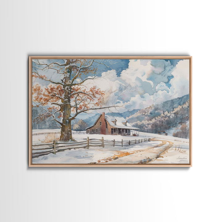 Painting Of A Farmhouse In The Winter, Cottagecore, Framed Canvas Print, Kitsch Home Decor, Western Country Art, Living Room Decor