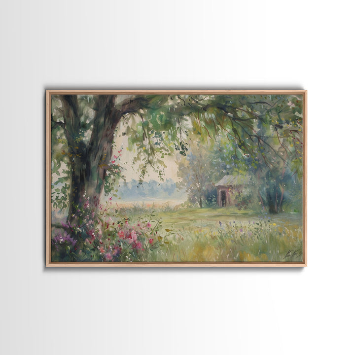 Painting Of An Old Farmhouse In The Spring, Framed Canvas Print, Watercolor Painting, Original Art, Living Room Art, Wall Art