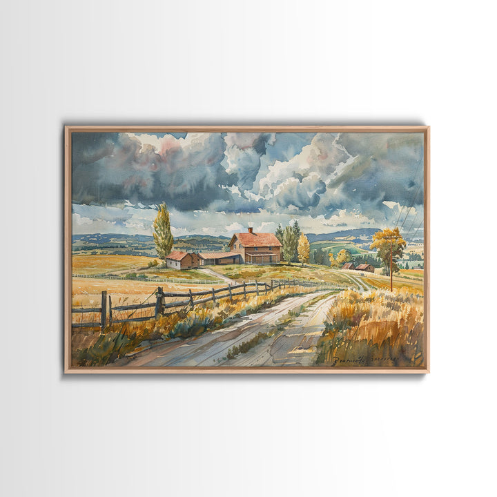 Primitive Farmhouse Watercolor Painting Framed Canvas Print, Framed Art, Wood Frame Art, Kitsch Decor, Southwestern Decor, Rustic Art