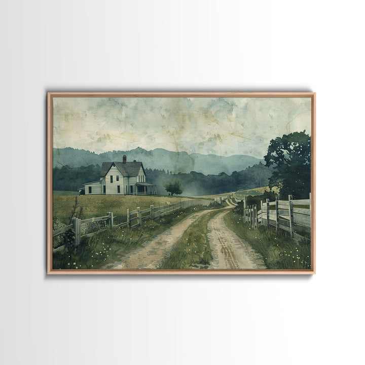 Old Country Road Wall Art Framed Canvas Print, Cottagecore Oil Painting, Kitsch Minimalist Wall Art, Farmhouse Wall Decor, Rustic Decor
