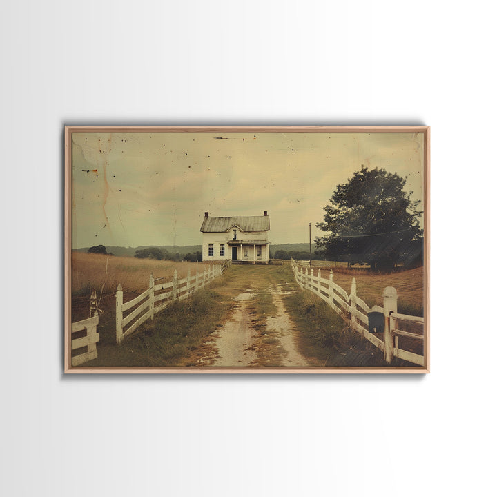 Old Photo Print Of An 1800s Farmhouse, White Picket Fences, Vintage Style Wall Art, Framed Canvas Print, Rustic Primitive Wall Art