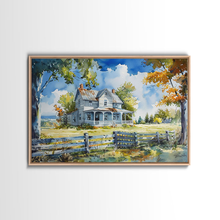 Retro Watercolor Painting Print Of A Vintage Farmhouse, Kitsch Art, Wall Art, Farmhouse Decor, Western Art For Living Room
