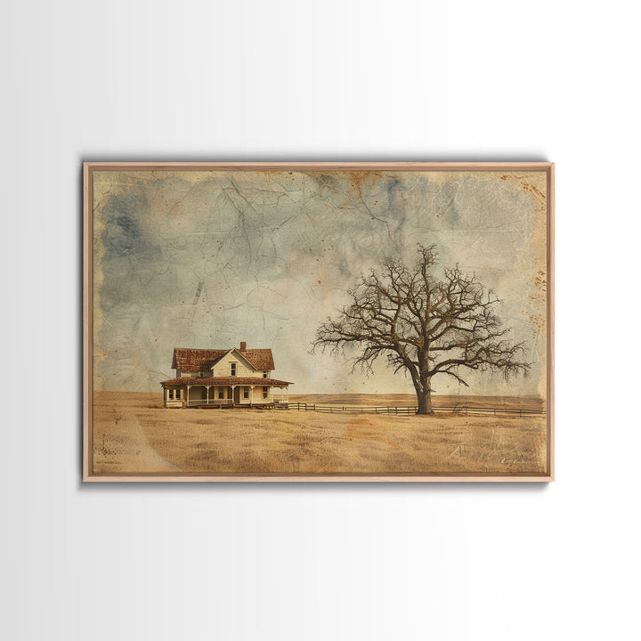 Little Farmhouse On A Texas Prairie Framed Canvas Print, Original Rustic minimalist Art, Wood Frame Rustic Home Decor