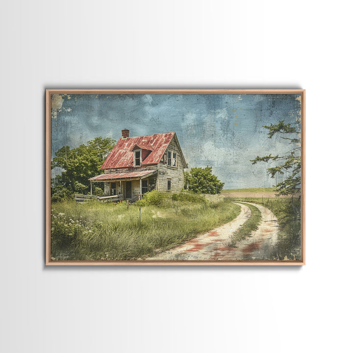 Watercolor Painting Of An Old Red Farmhouse, Framed Canvas Print, Wall Art Prints, Rustic Farmhouse Decor, Minimalist Art, Kitsch Decor