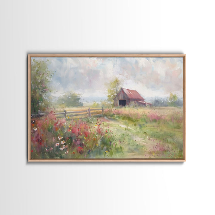 Farm Art, Framed Canvas Print, Rustic Watercolor Painting Of An Old Barn, Farmhouse Color Palette, Boho Decor