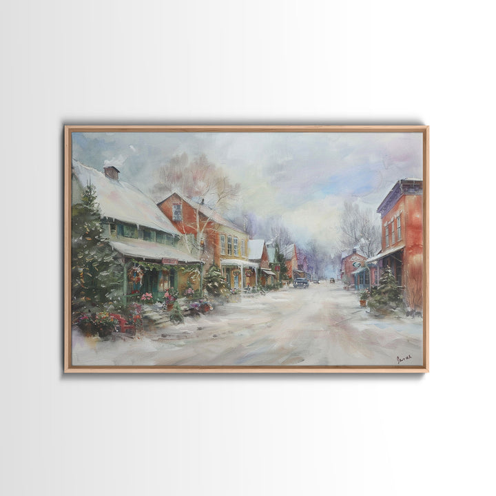 Small Town America At Christmas Time, Framed Canvas Print, Winter Scenary Wall Decor, Folk Art Framed Canvas, Metal Wall Art Living Room