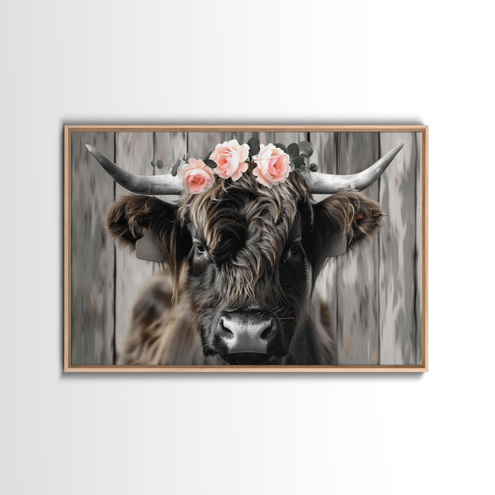 Framed Canvas Wall Art, Cute Highland Cow Print, Modern Wall Art Farmhouse Decor, Fun Rustic Farmhouse Art, Life On The Farm, Cow and Flower