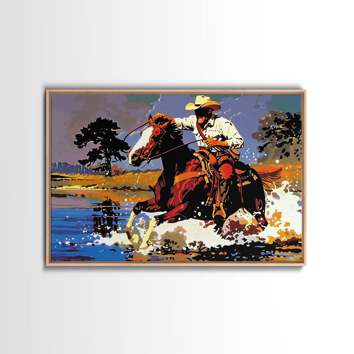 Cowboy Crossing The Colorado River, Arizona Print, Original Painting Framed Canvas Print, Western Home Decor, Wild West Art