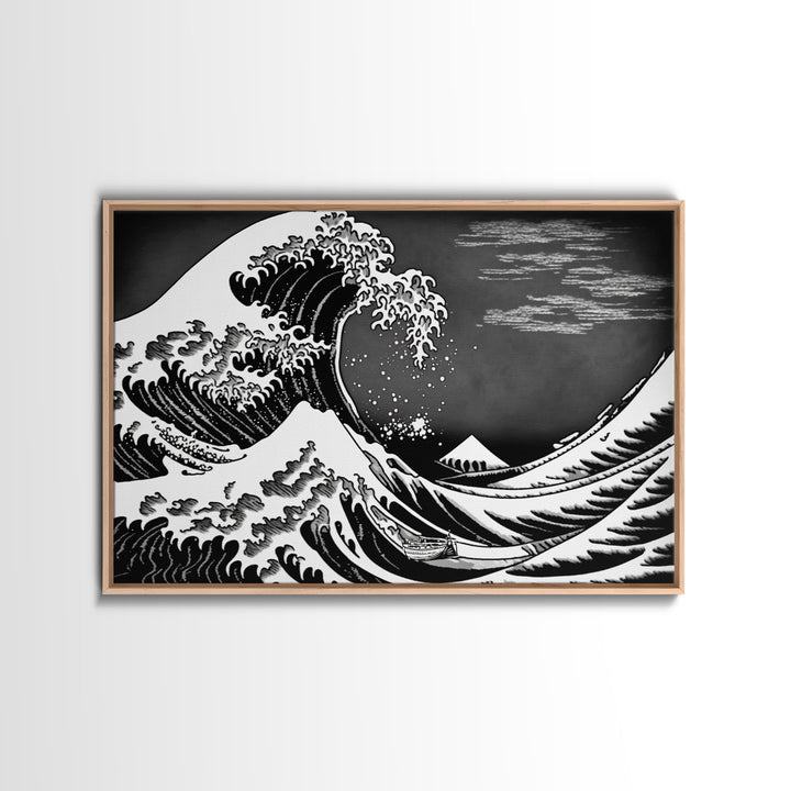 Black and White Wave Canvas Print, Hokusai Inspired Wall Art, Woodblock Print Style, Wall Art, Vintage Style Wall Art