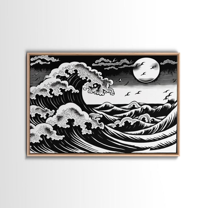 Black and White Wave Canvas Print, Hokusai Inspired Wall Art, Woodblock Print Style, Wall Art, Vintage Style Wall Art