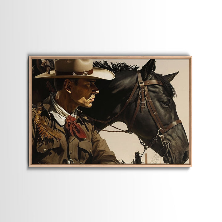 Vintage Cowboys Painting Print Horse Wall Art Canvas Hunting Southwest Sketch Drawing Poster Framed Antique Country Rustic Farmhouse Decor