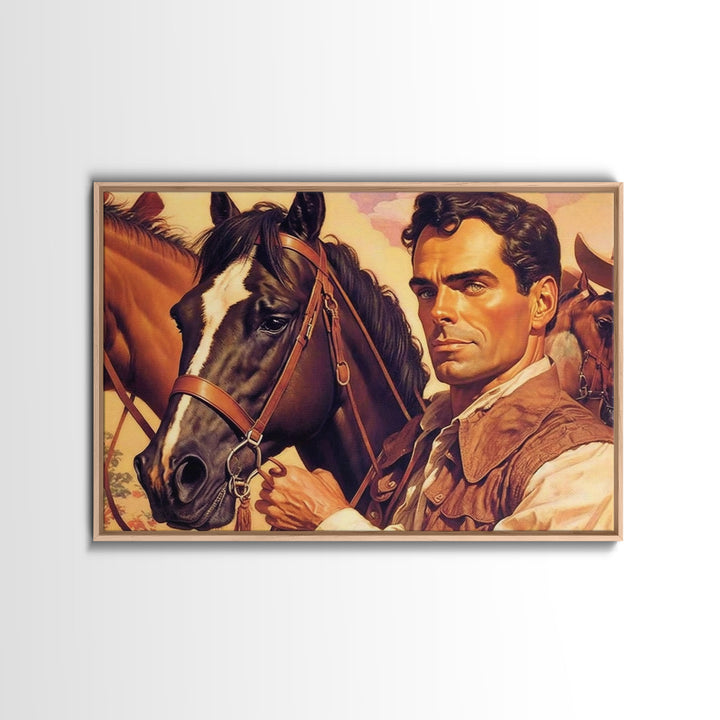 Vintage Cowboys Painting Print Horse Wall Art Canvas Hunting Southwest Sketch Drawing Poster Framed Antique Country Rustic Farmhouse Decor