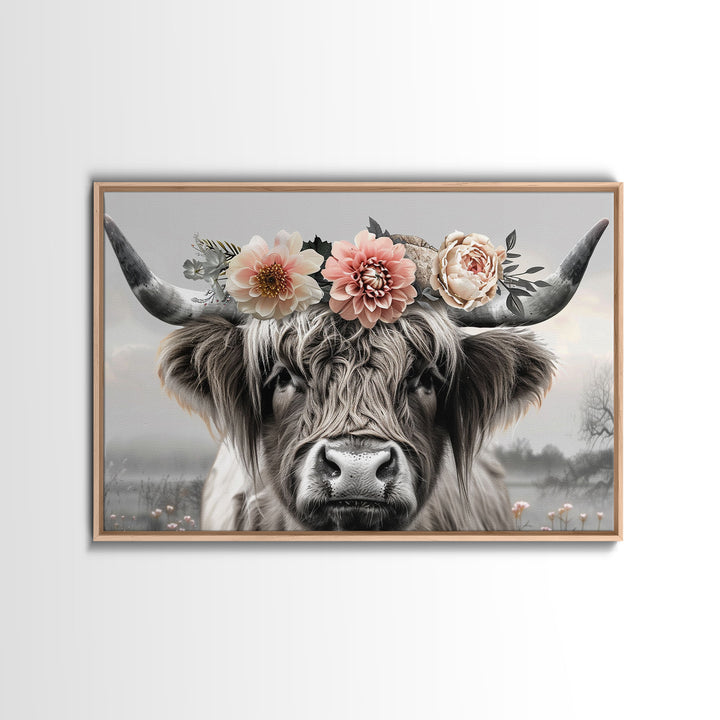 Cute Framed Canvas Wall Art, Cute Cow Wearing Flowers, Farmhouse Decor, Farmhouse Wall At, Extra Large Boho Decor, Minimalist Modern Art