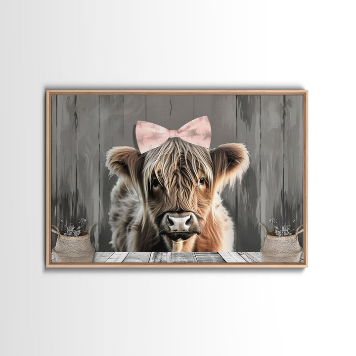 Framed Wall Art Texas Cattle, Wood Framed Canvas Print, Farmhouse Decor, Minimalist Rustic Farmhouse Painting, Cute Nursery Wall Art