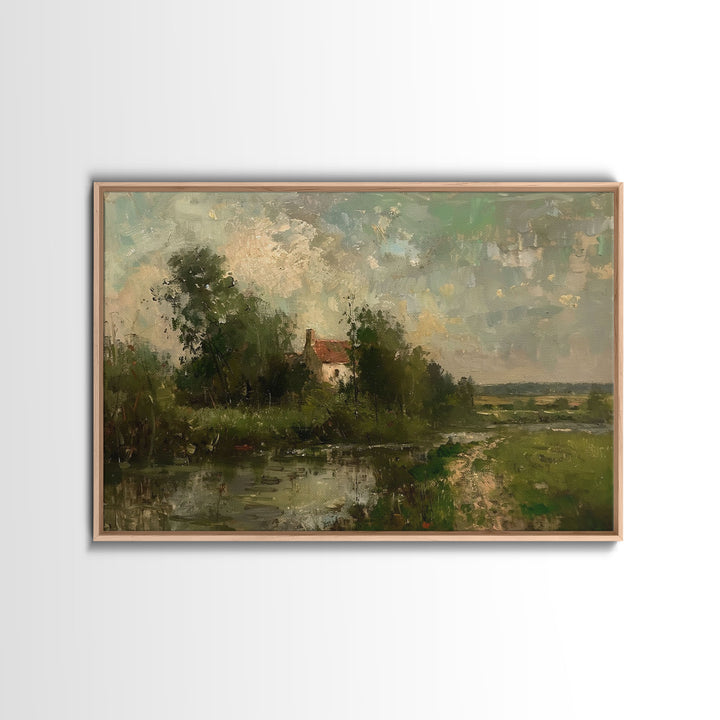 Slightly Scorched Vintage Landscape Painting Canvas Print - Farmhouse Painting - Wall Art - Large Print