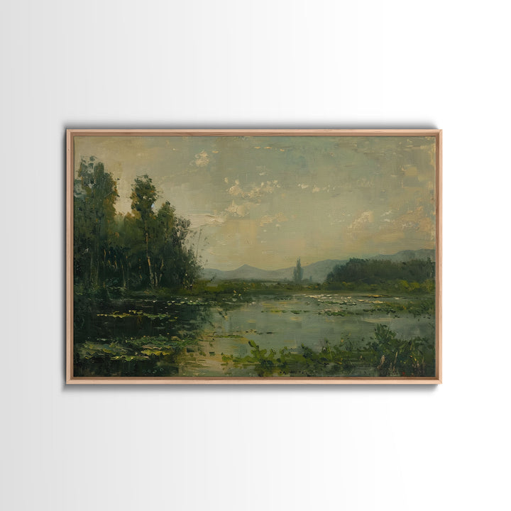 Dutch Landscape With Lake Framed Canvas Print Oil Painting, Wood Frame Wall Art, Cottage Core, Farmhouse Decor, Living Room Art
