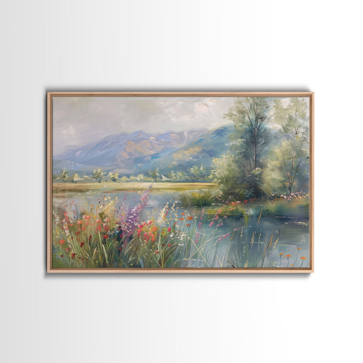 Dutch Landscape With Lake Framed Canvas Print Oil Painting, Wood Frame Wall Art, Cottage Core, Farmhouse Decor, Living Room Art