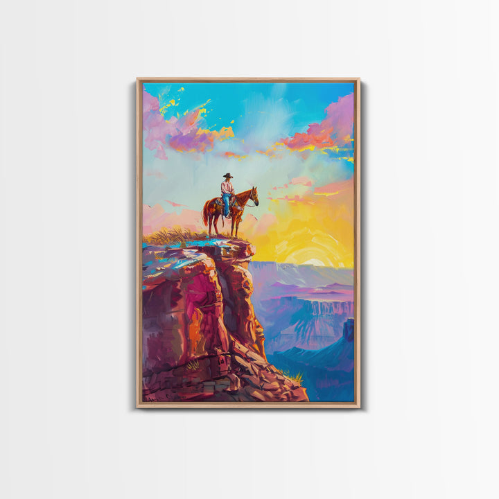Cowboy on Cliff Edge at Sunrise - Colorful Western Landscape Painting, Framed Canvas Print, Sunrise Wall Art, Living Room Decor