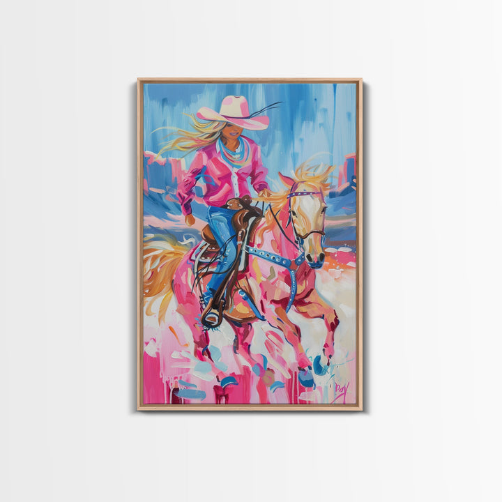 Dynamic Cowgirl and Horse - Colorful Western Art, Framed Canvas Print, Living Room Decor, Cowgirl Painting, Vibrant Wall Art