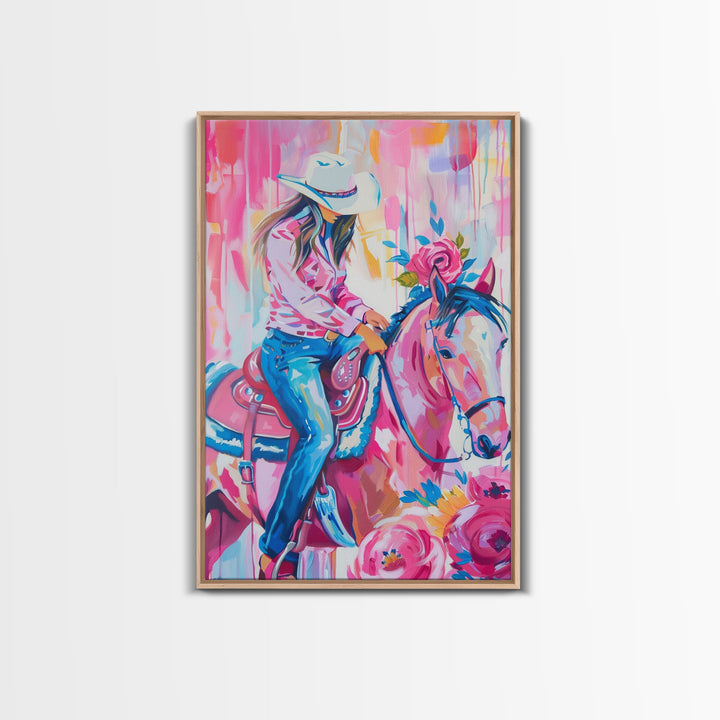 Cowgirl with Floral Horse - Colorful Western Art, Framed Canvas Print, Living Room Decor, Cowgirl Painting, Vibrant Wall Art
