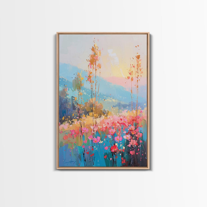 Serene Meadow Landscape at Sunrise - Framed Canvas Print, Tranquil Living Room Art, Peaceful Bedroom Decor, Pastel Flower Art, Wall Art