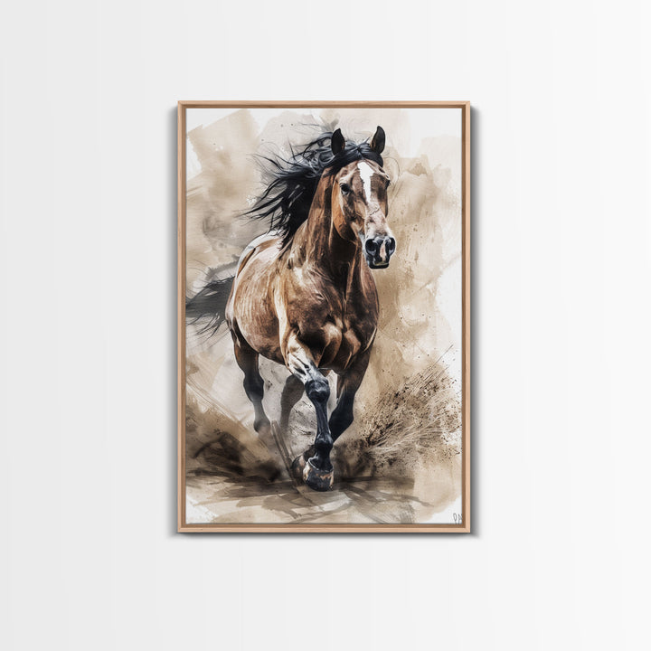 Powerful Horse Galloping - Framed Canvas Print, Dynamic Living Room Art, Energetic Bedroom Decor, Equestrian Art, Wall Art