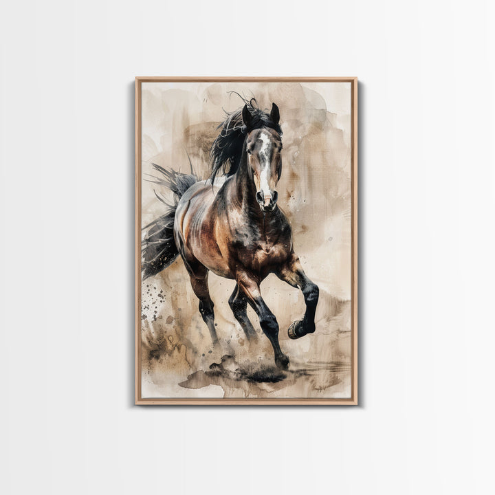 Running Horse in Motion - Framed Canvas Print, Lively Living Room Art, Vibrant Bedroom Decor, Equestrian Art, Wall Art