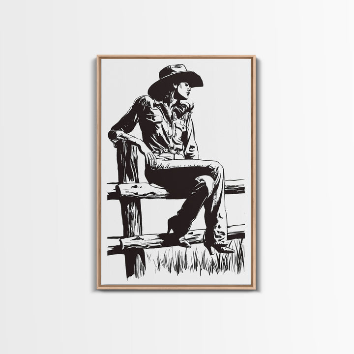 Cowgirl Resting on Fence Art Print, Western Silhouette Framed Canvas, Vintage Cowgirl Artwork, Rustic Home Decor