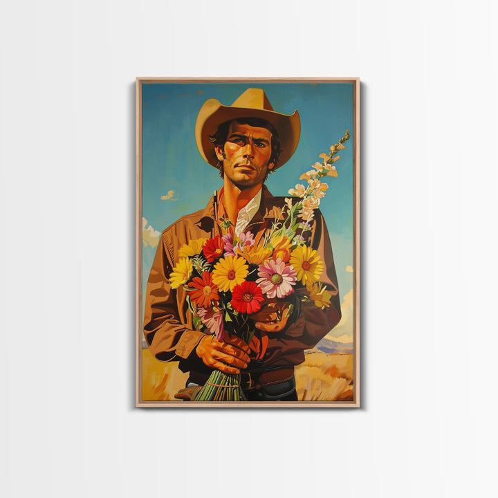 Vintage Cowboy Holding Flowers - Framed Canvas Print, Southwestern Living Room Art, Rustic Bedroom Decor, Retro Art, Wall Art