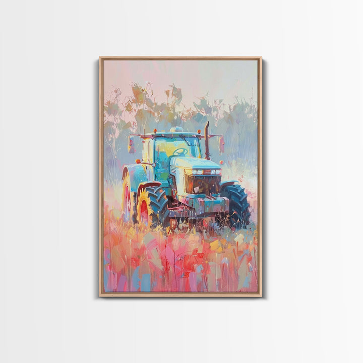 Farm Tractor in Vibrant Meadow - Framed Canvas Print, Countryside Living Room Art, Pastel Bedroom Decor, Rural Art, Wall Art