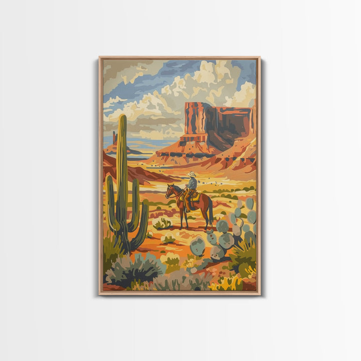 Desert Cowboy Riding Through Cactus - Framed Canvas Print, Western Landscape Art, Southwestern Wall Art for Home Decoration